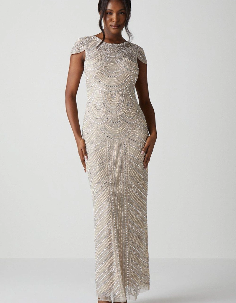 Beaded and Pearl Embellished Cap Sleeve Maxi Dress