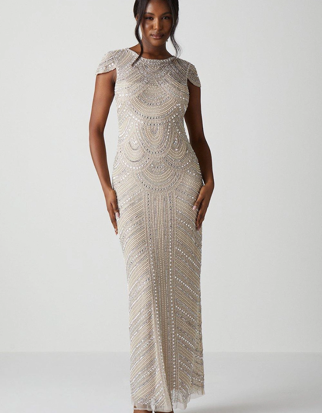Beaded and Pearl Embellished Cap Sleeve Maxi Dress, 5 of 4