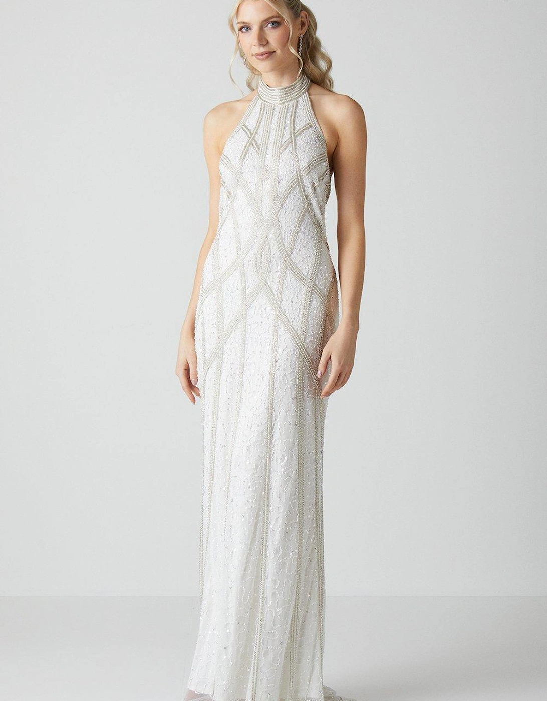 Halterneck Contour Pearl Embellished Fishtail Wedding Dress, 5 of 4