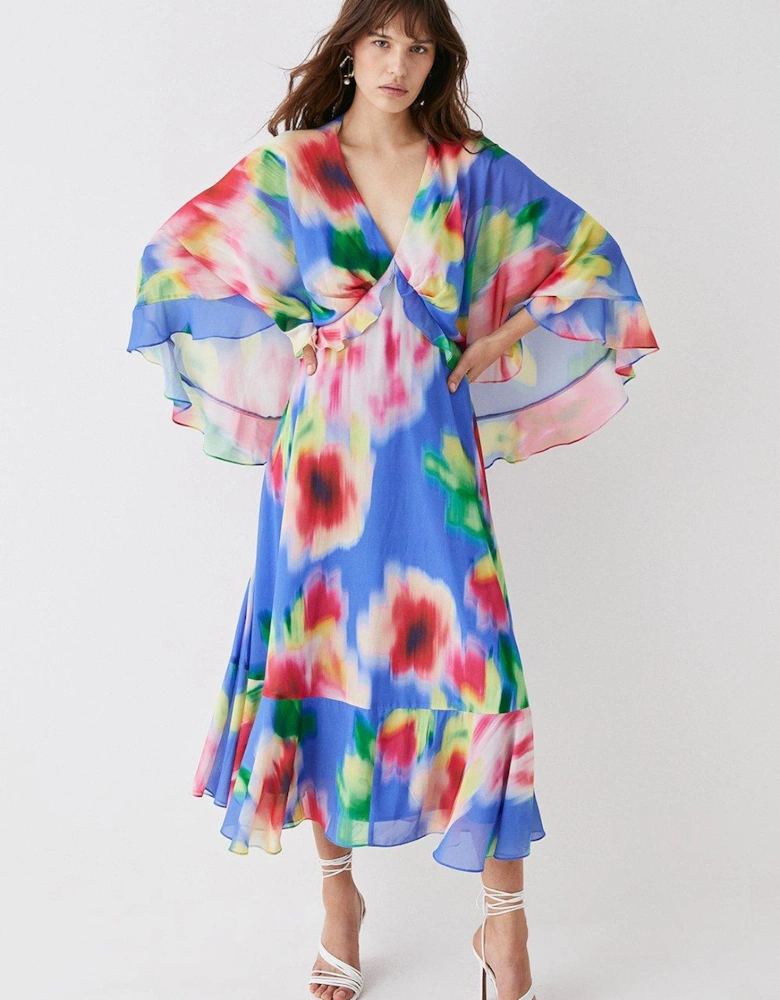 Printed Cape Sleeve Frill Midi Dress