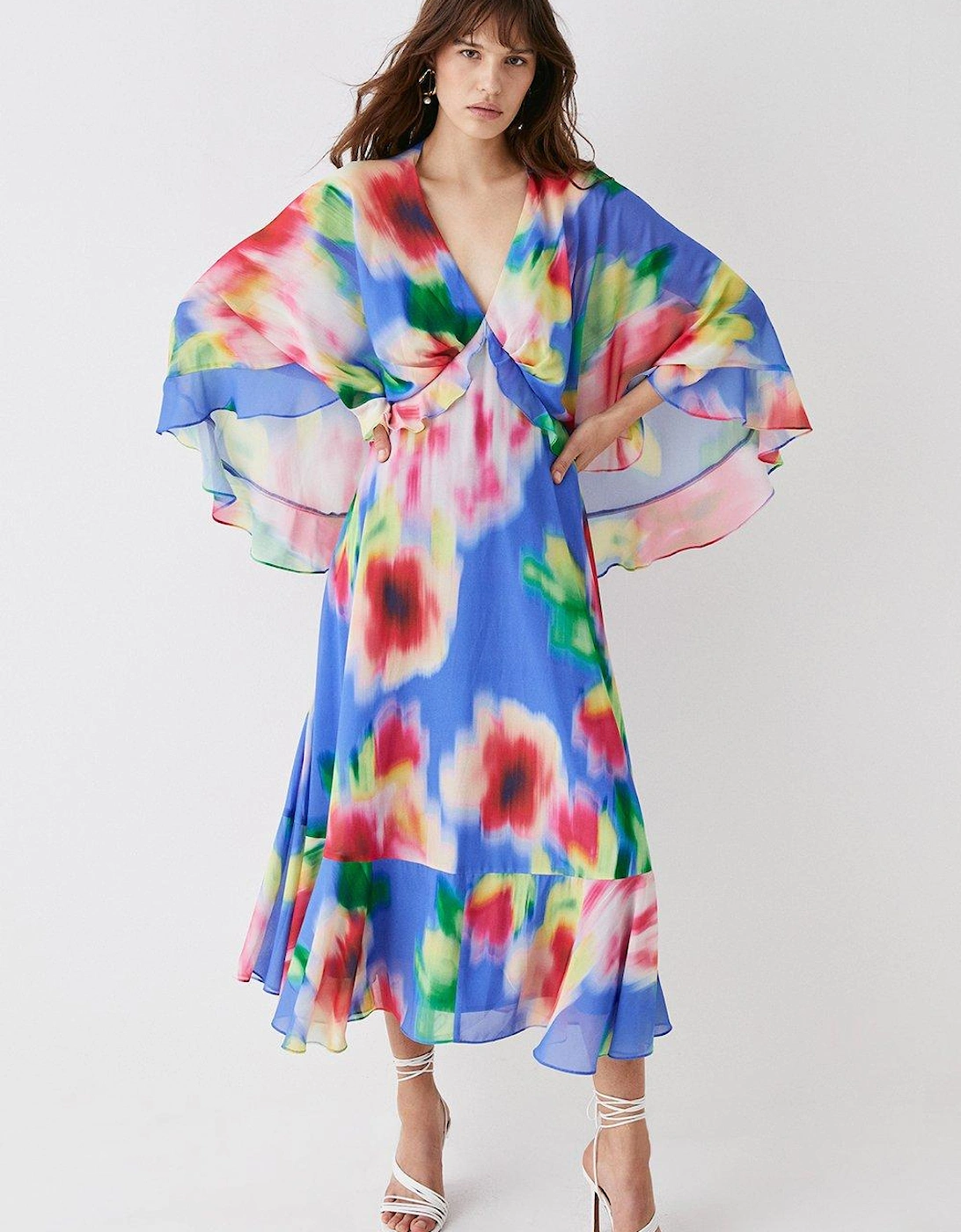 Printed Cape Sleeve Frill Midi Dress, 5 of 4