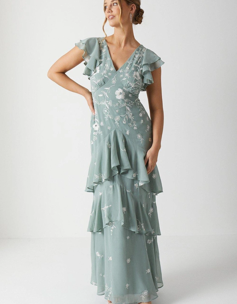 Embroidered Floral V Neck Tiered Bridesmaids Maxi Dress