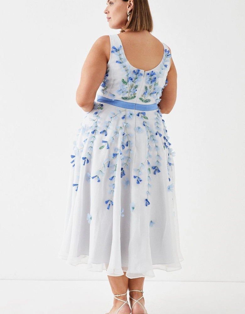 Plus Size Plunge Organza 3d Floral Full Skirt Midi Dress