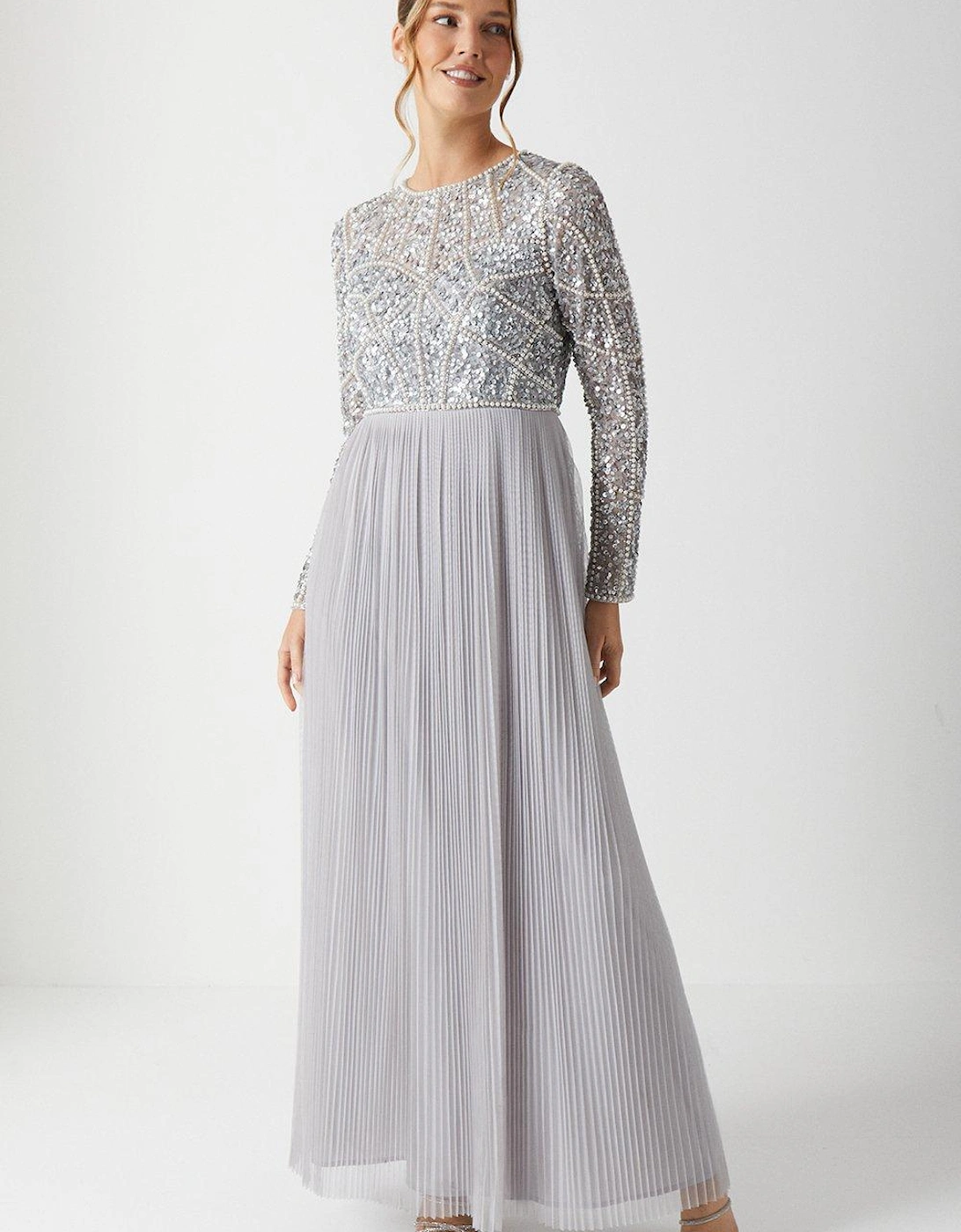 Pearl Embellished Long Sleeve Pleated Bridesmaids Maxi Dress, 5 of 4