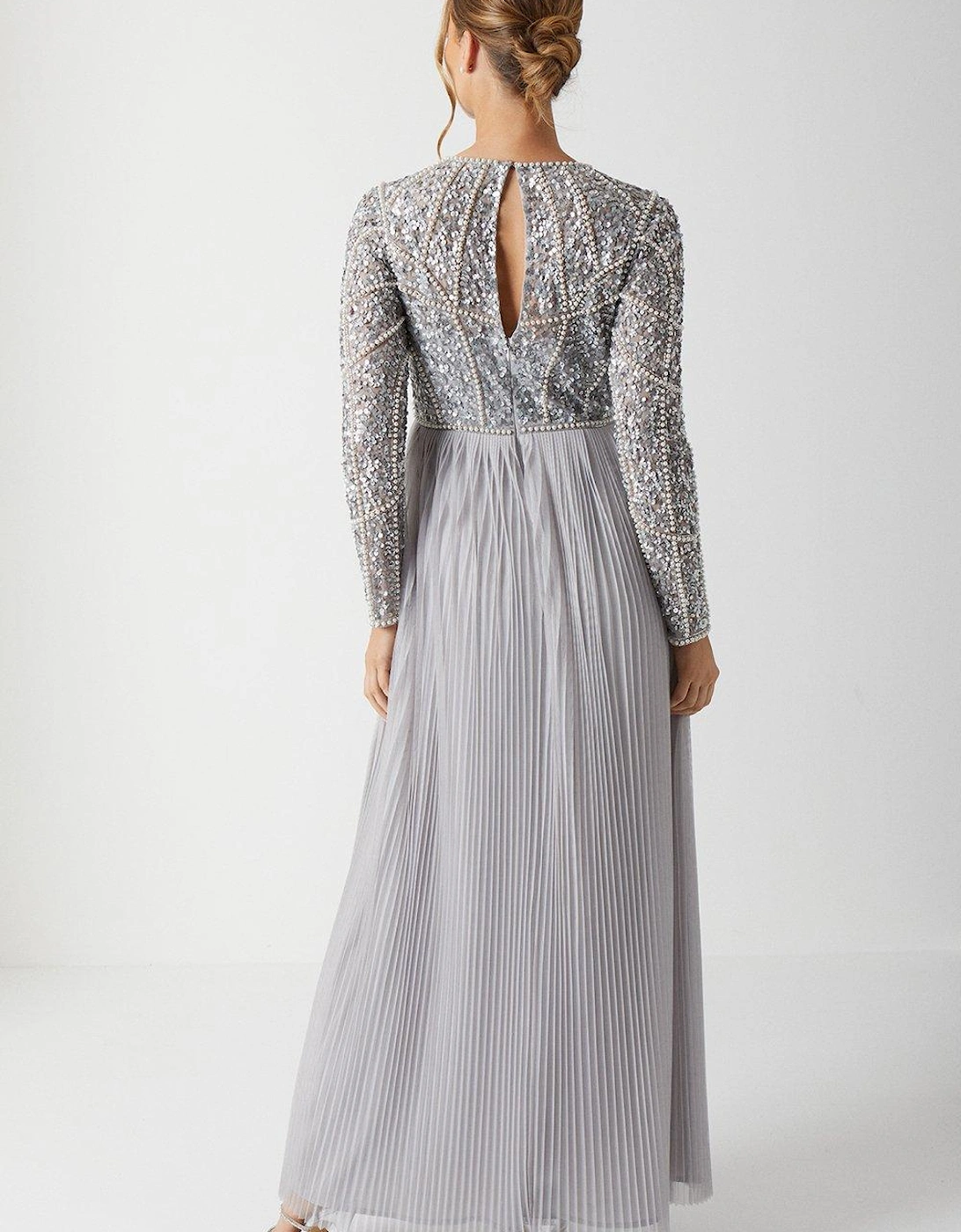 Pearl Embellished Long Sleeve Pleated Bridesmaids Maxi Dress