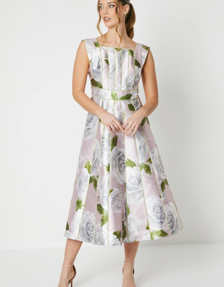 Printed Twill Seamed Midi Dress With Piping