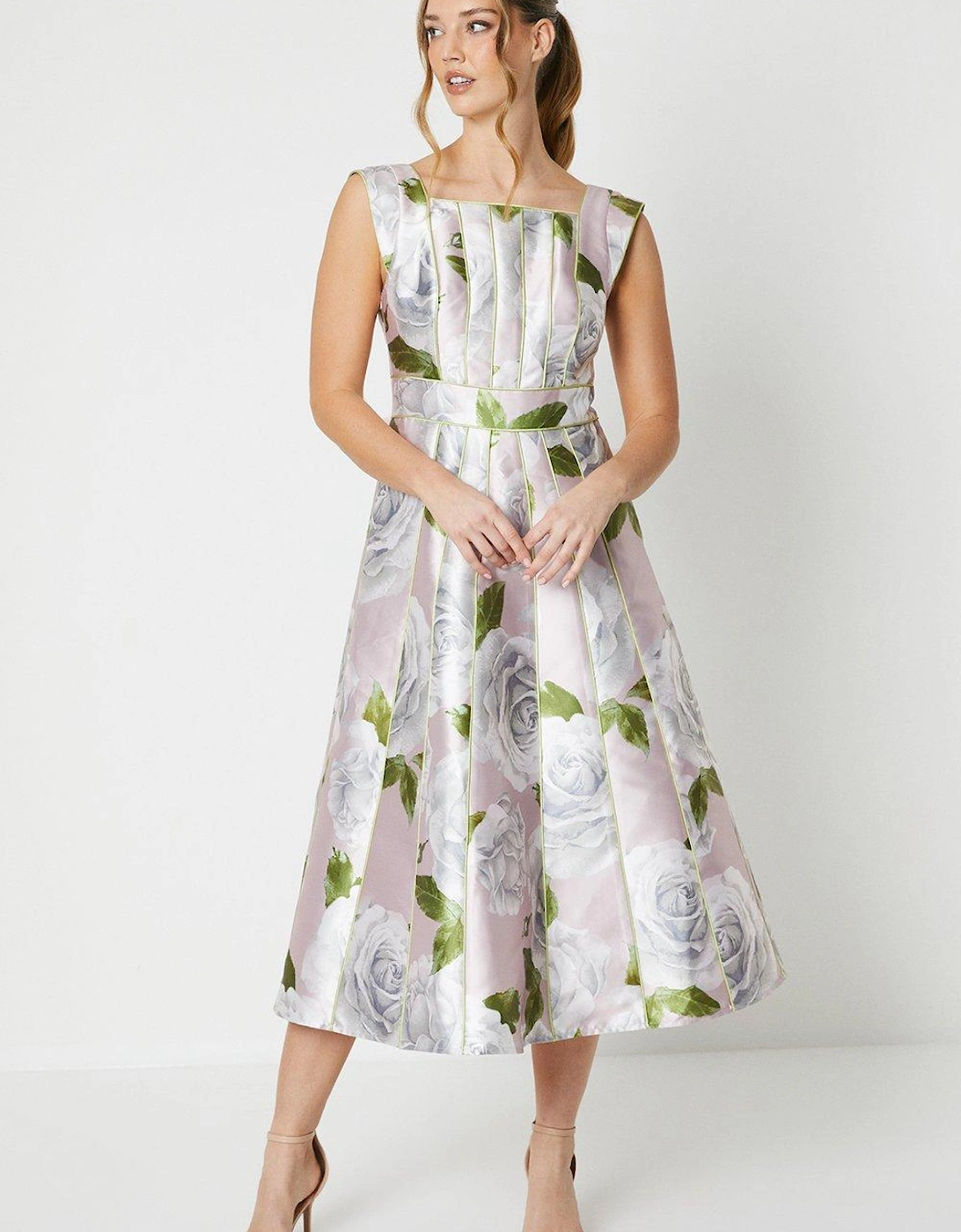 Printed Twill Seamed Midi Dress With Piping, 6 of 5