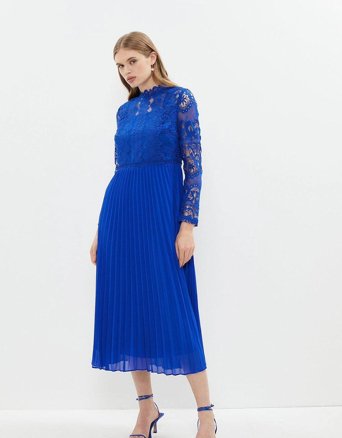 Long Sleeve Lace High Neck Pleated Midi Dress, 5 of 4