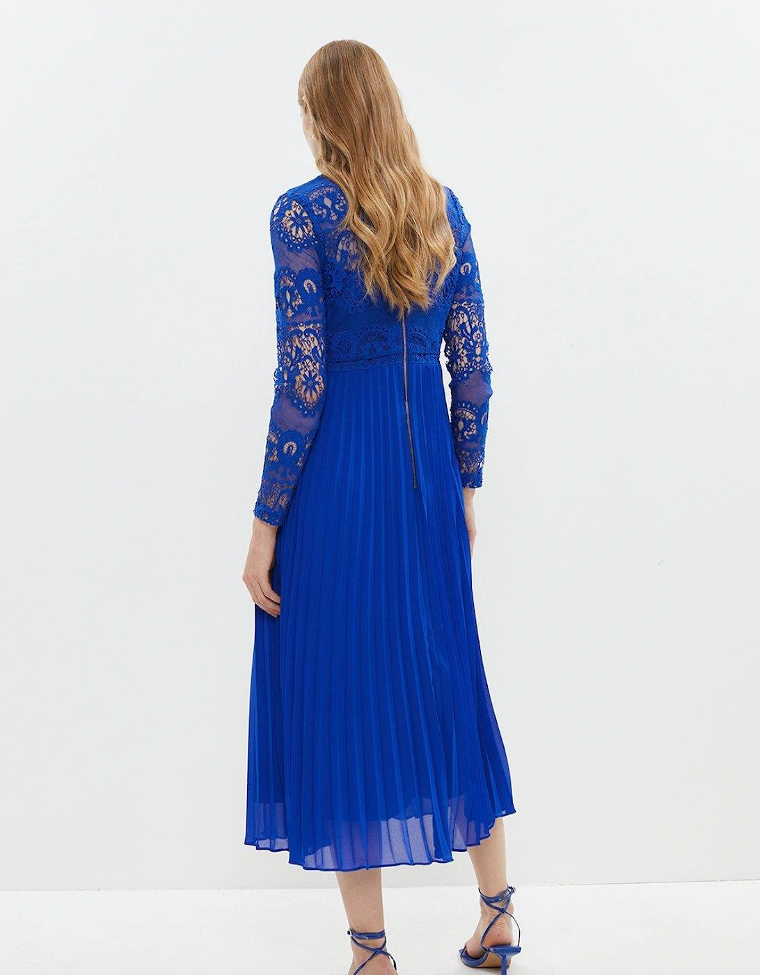 Long Sleeve Lace High Neck Pleated Midi Dress