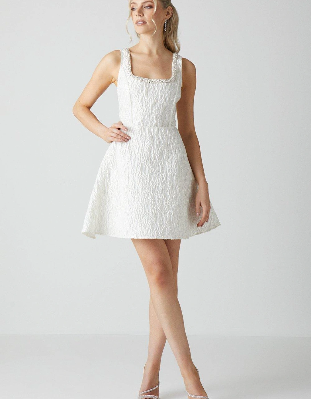 Jacquard Full Skirted Mini Dress With Jewel Trim, 6 of 5