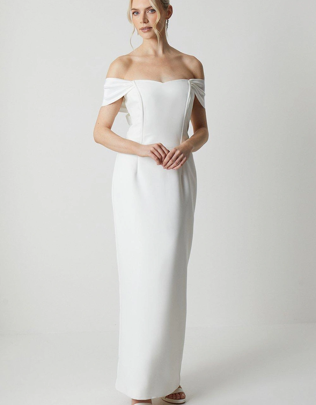 Draped Shoulder Tie Back Column Bridal Dress, 5 of 4