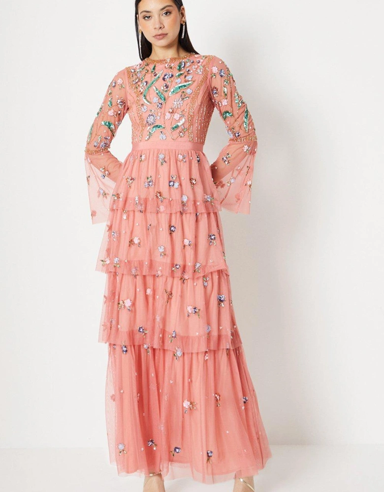 Hand Embellished Tiered Skirt Maxi Dress