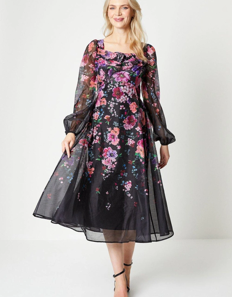 Organza Panelled Print Midi Dress