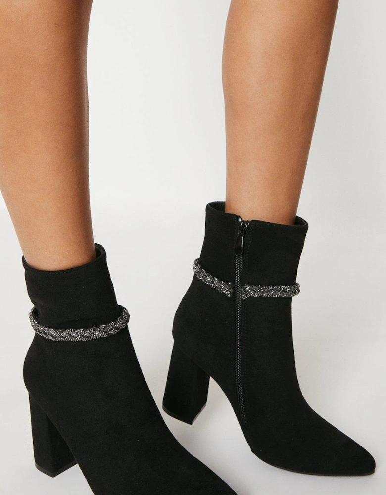 Tululla Plaited Diamante Strap Pointed Block Heel Ankle Boot