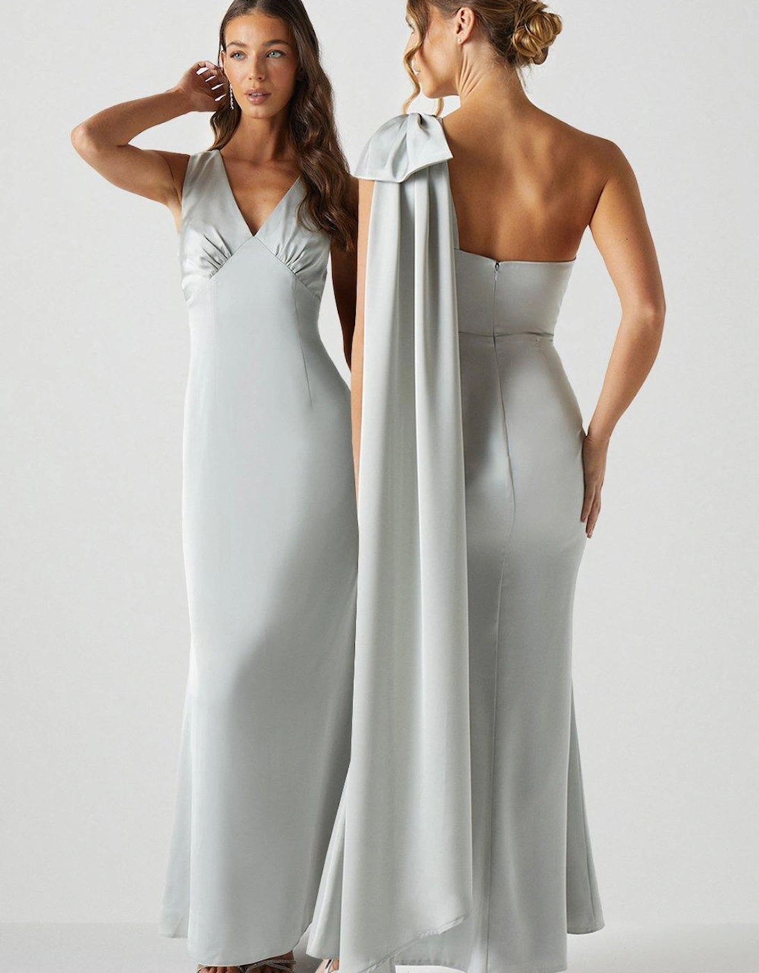 Bow And Drape Detail One Shoulder Satin Bridesmaids Dress, 2 of 1