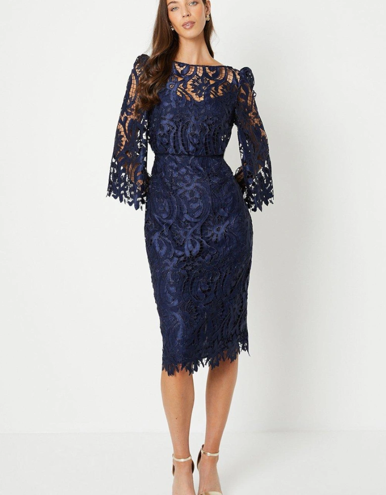 Satin Lace Boat Neck Midi Dress With Fluted Sleeve