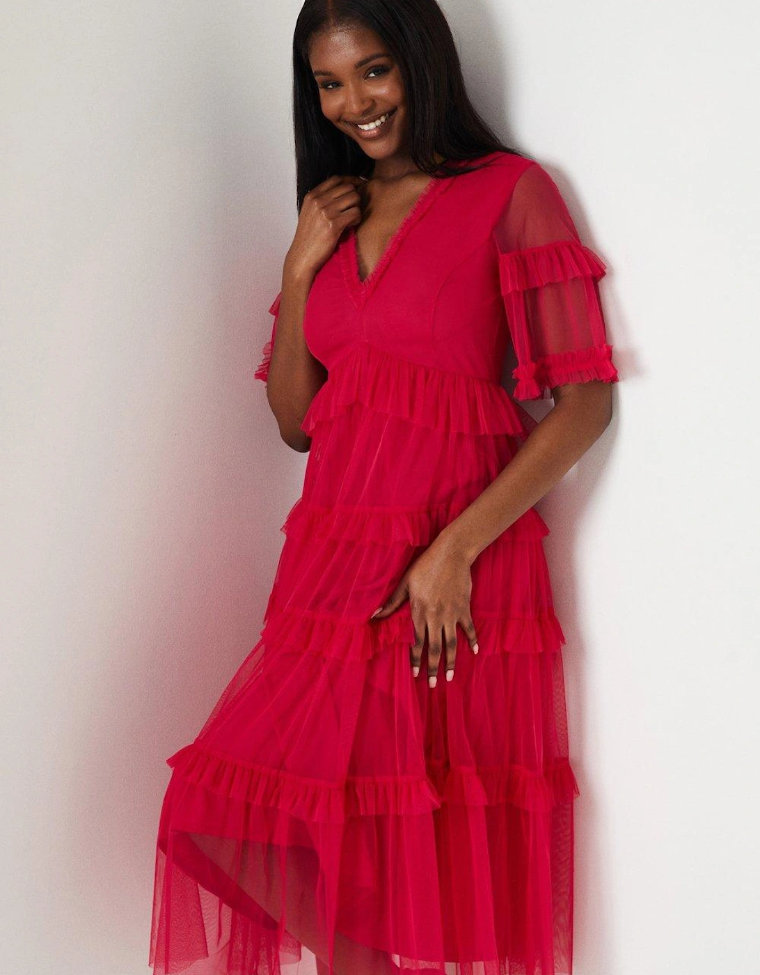 Ruffle Mesh Midi Dress