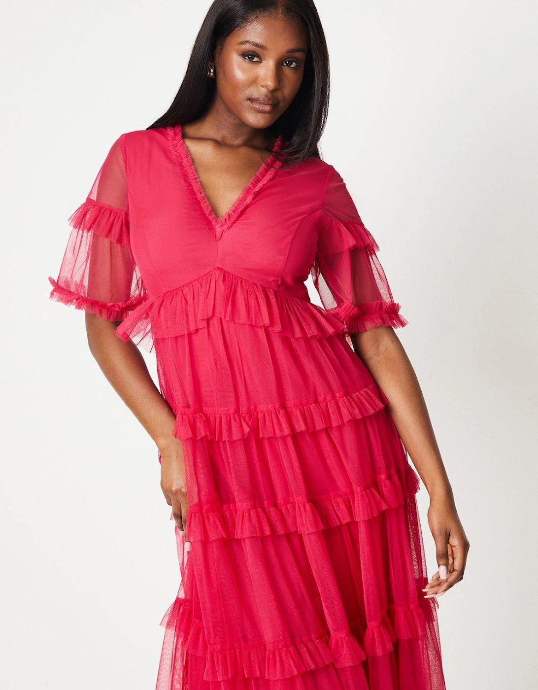 Ruffle Mesh Midi Dress