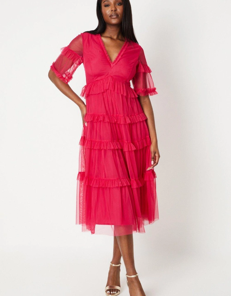 Ruffle Mesh Midi Dress