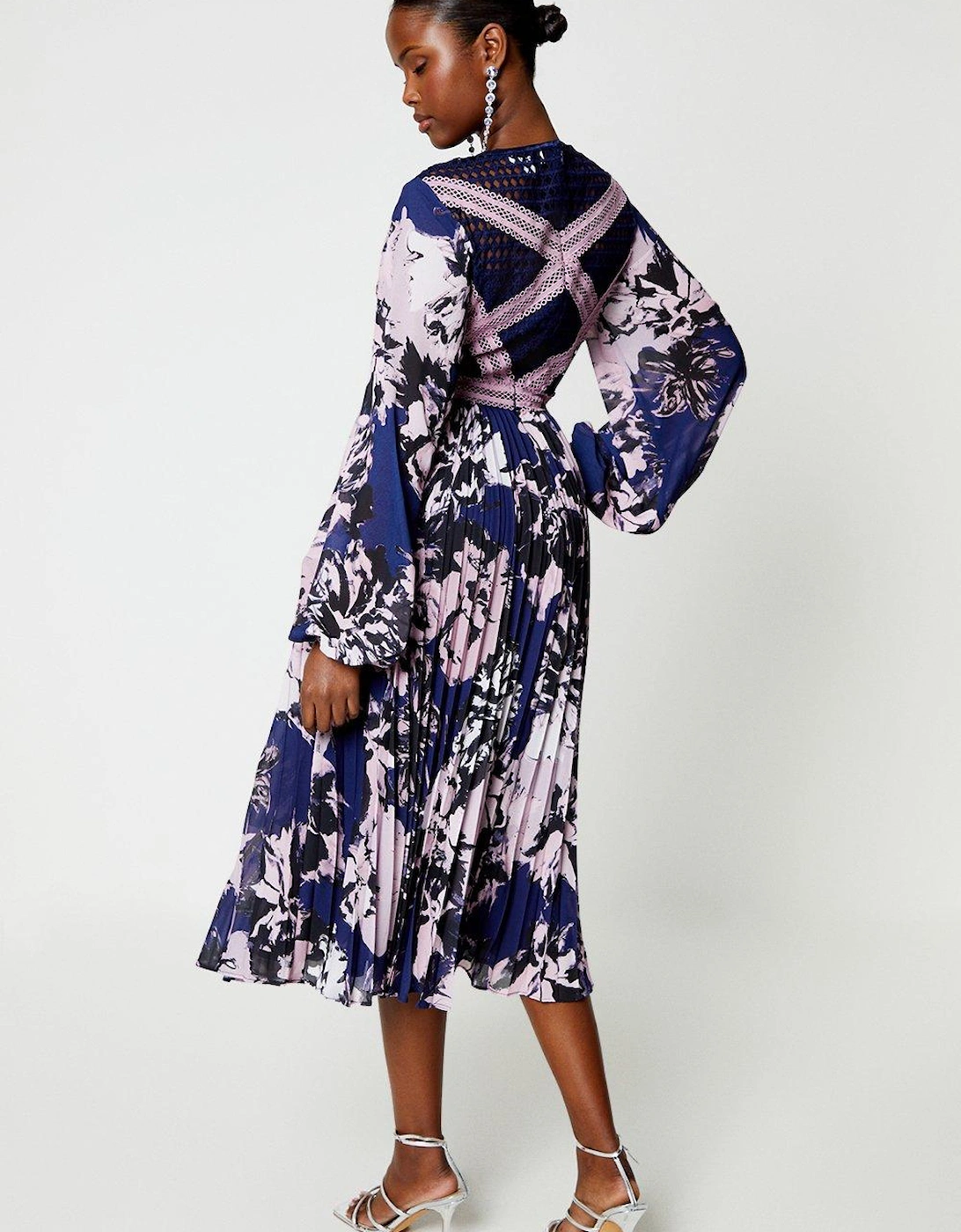 Long Sleeve Printed Dress With Lace Trims