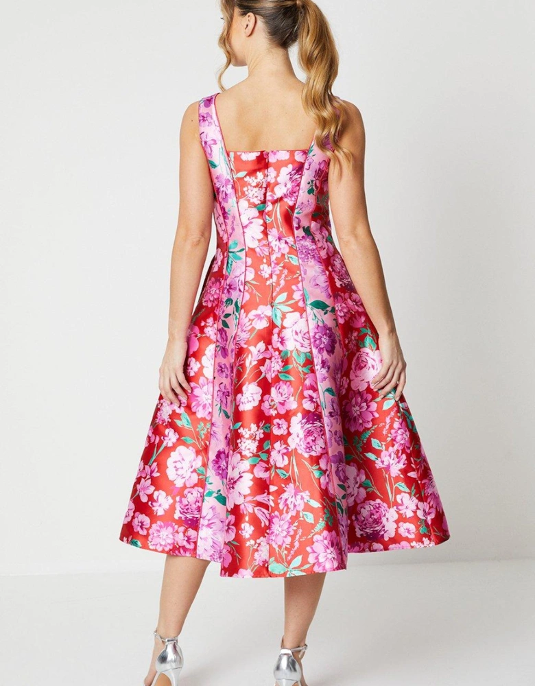 V-neck Printed Twill Seam Midi Dress With Piping