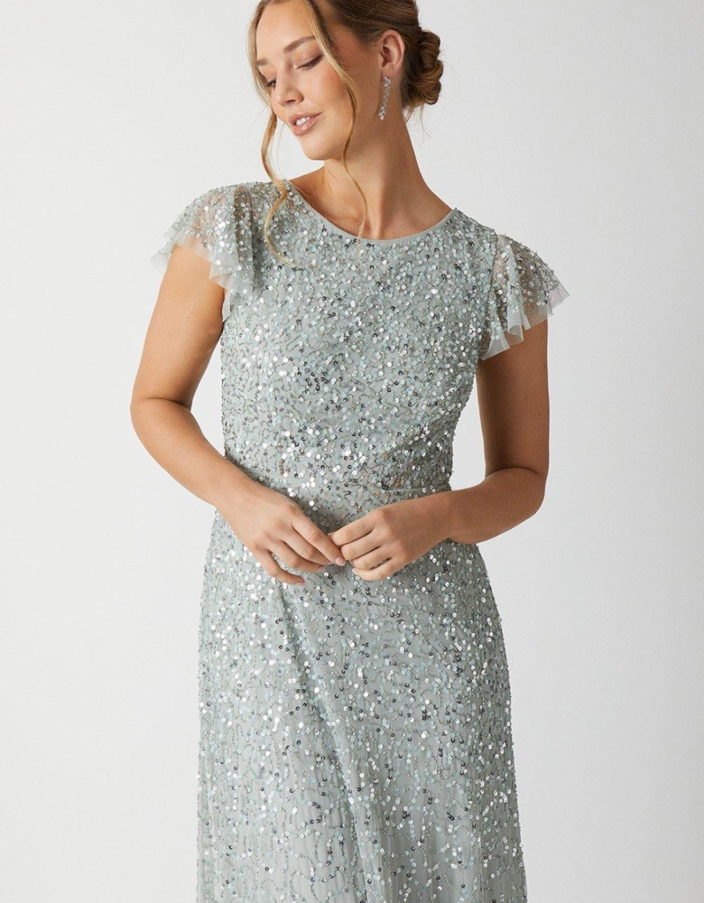 Angel Sleeve All Over Sequin Bridesmaids Maxi Dress