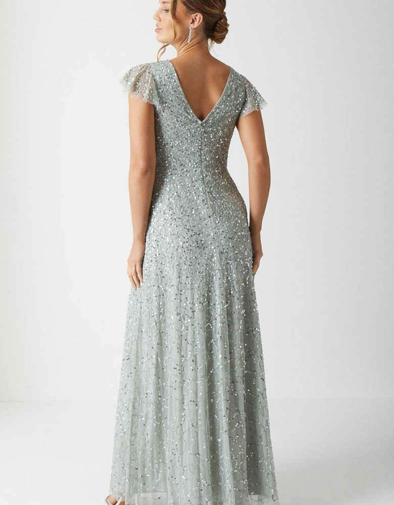 Angel Sleeve All Over Sequin Bridesmaids Maxi Dress