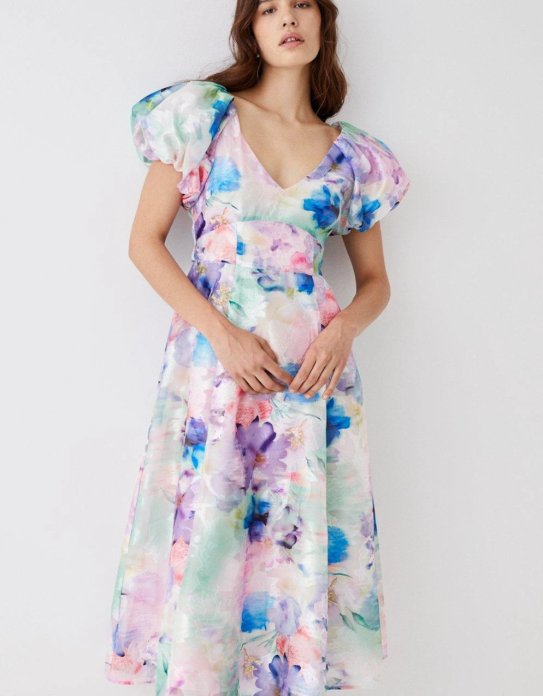 Puff Sleeve Jacquard Midi Dress, 6 of 5