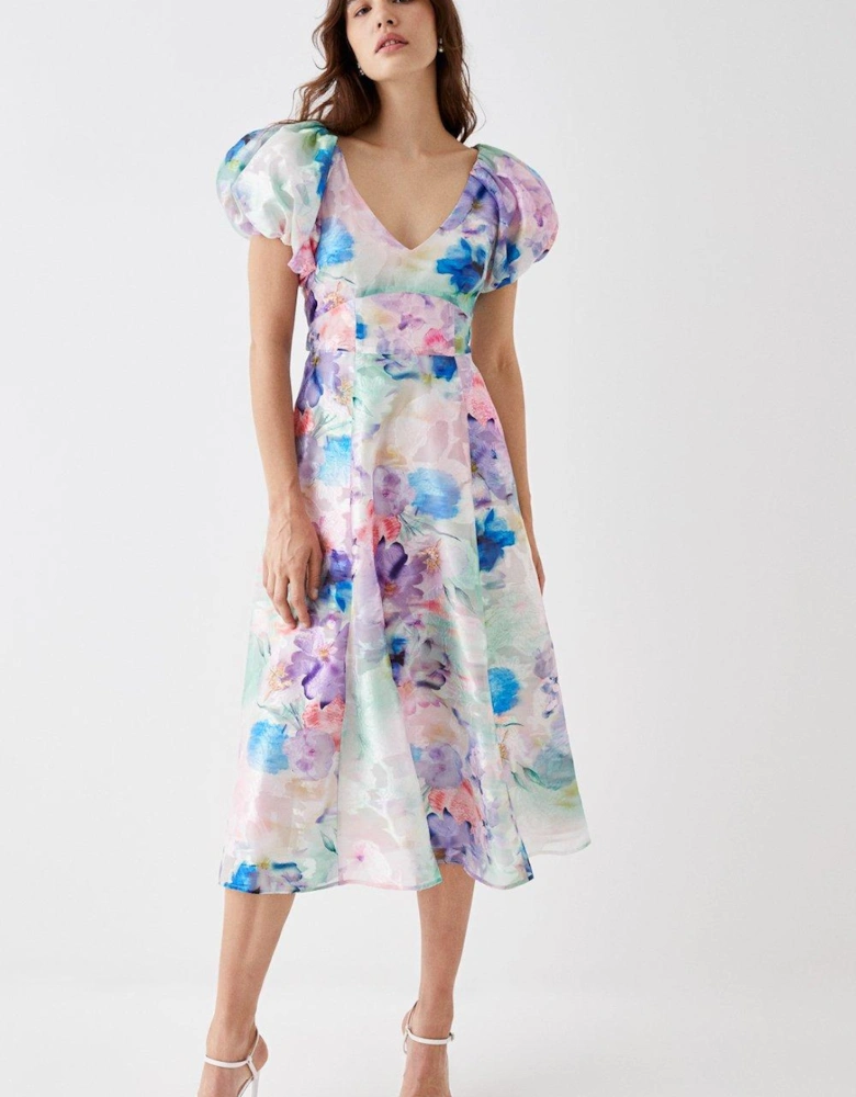 Puff Sleeve Jacquard Midi Dress