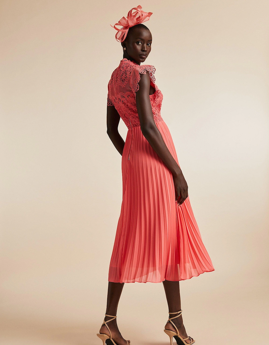 Lace High Neck Pleated Skirt Midi Dress