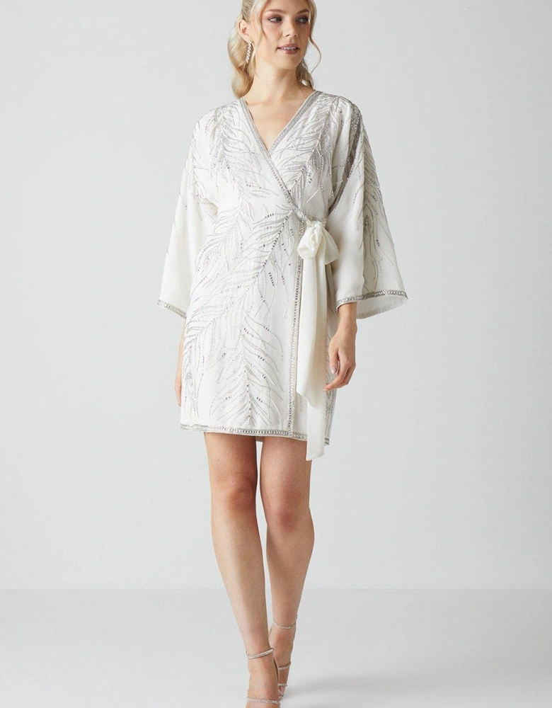 Hand Embellished Kimono Sleeve Wrap Mini Dress