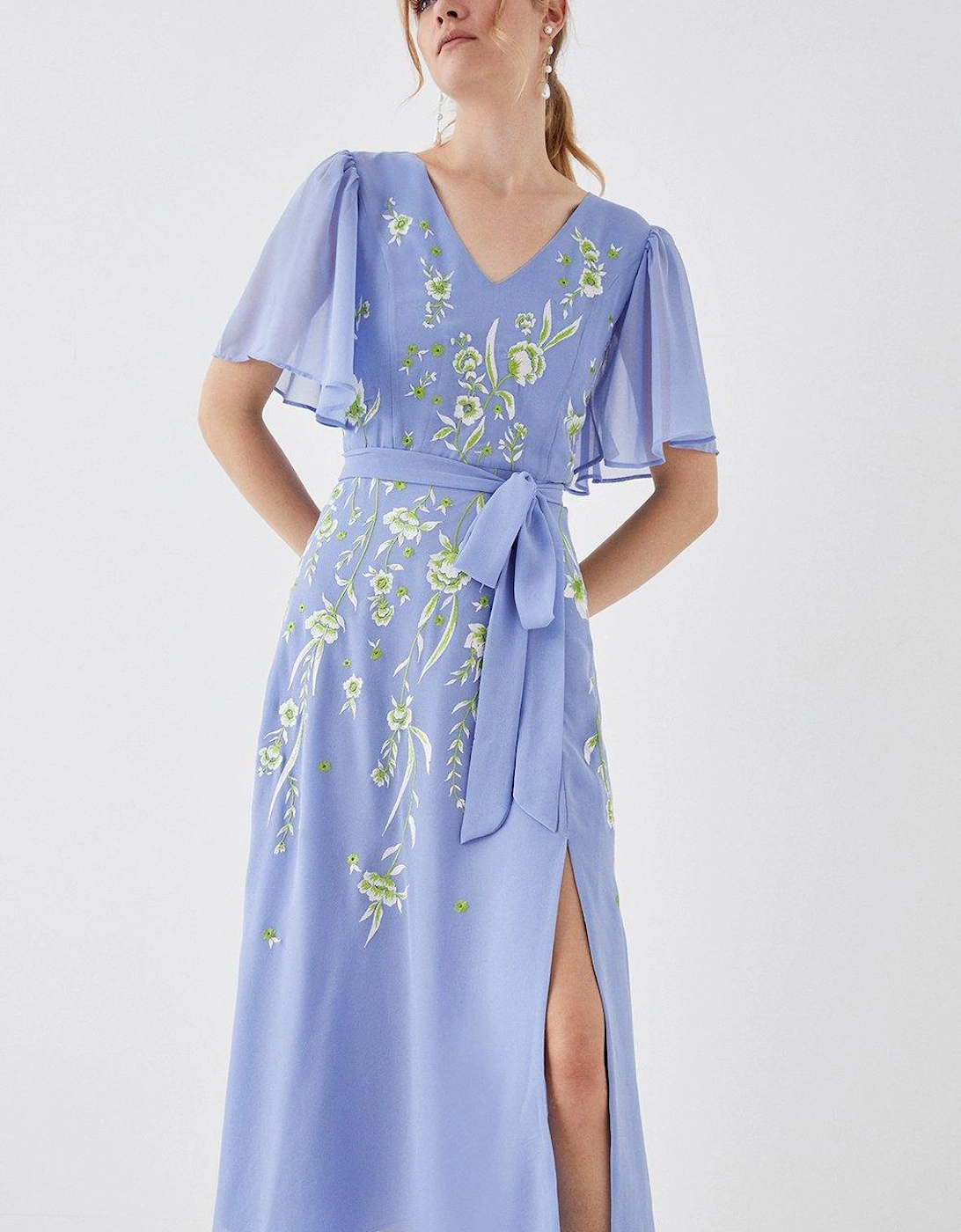 Floral Embroidered Flute Sleeve Midi Dress, 2 of 1