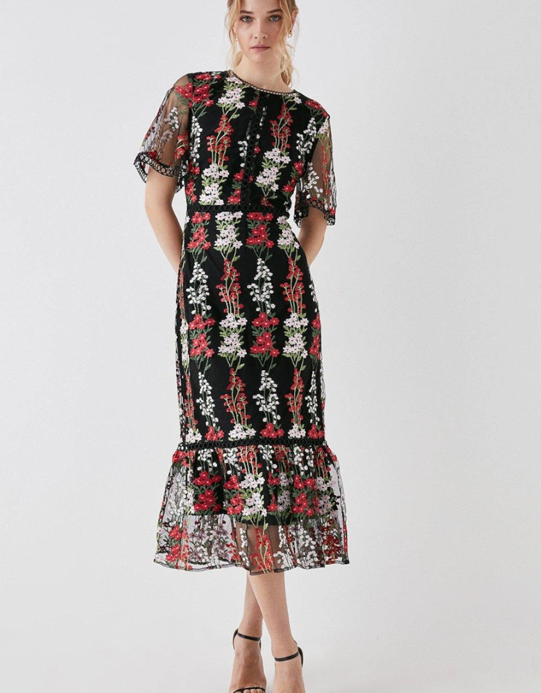 Embroidered Mesh Lace Trim Midi Dress