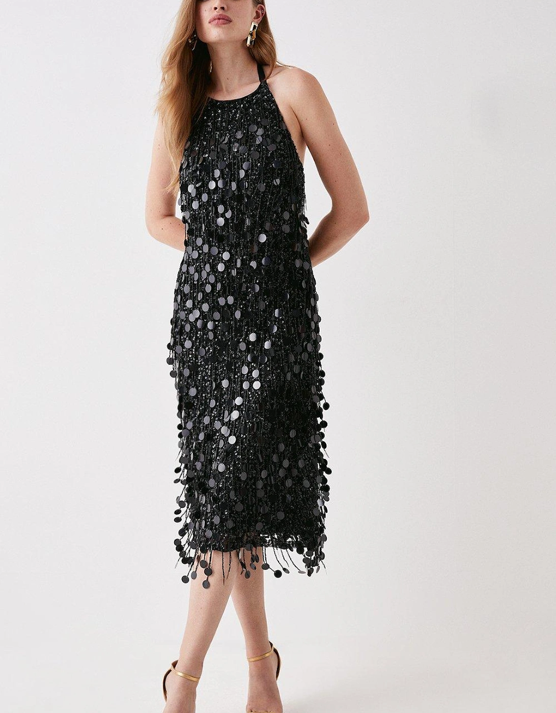 Disc Sequin Halterneck Midi Dress