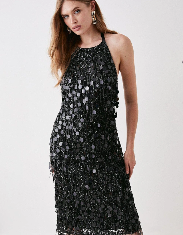 Disc Sequin Halterneck Midi Dress