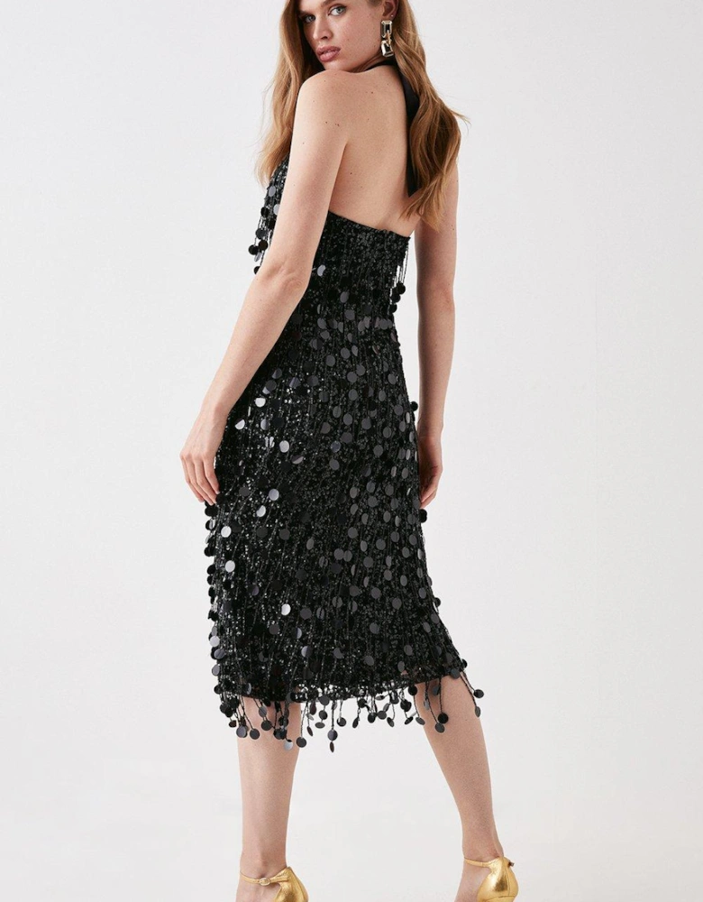 Disc Sequin Halterneck Midi Dress