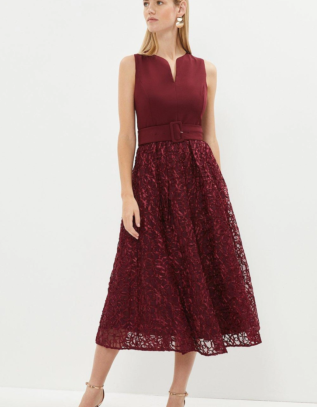 Notch Neck Belted Embroidered Midi Dress, 5 of 4