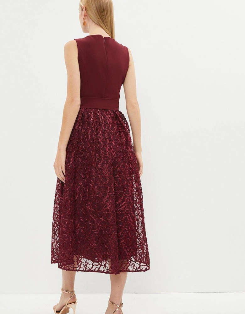 Notch Neck Belted Embroidered Midi Dress