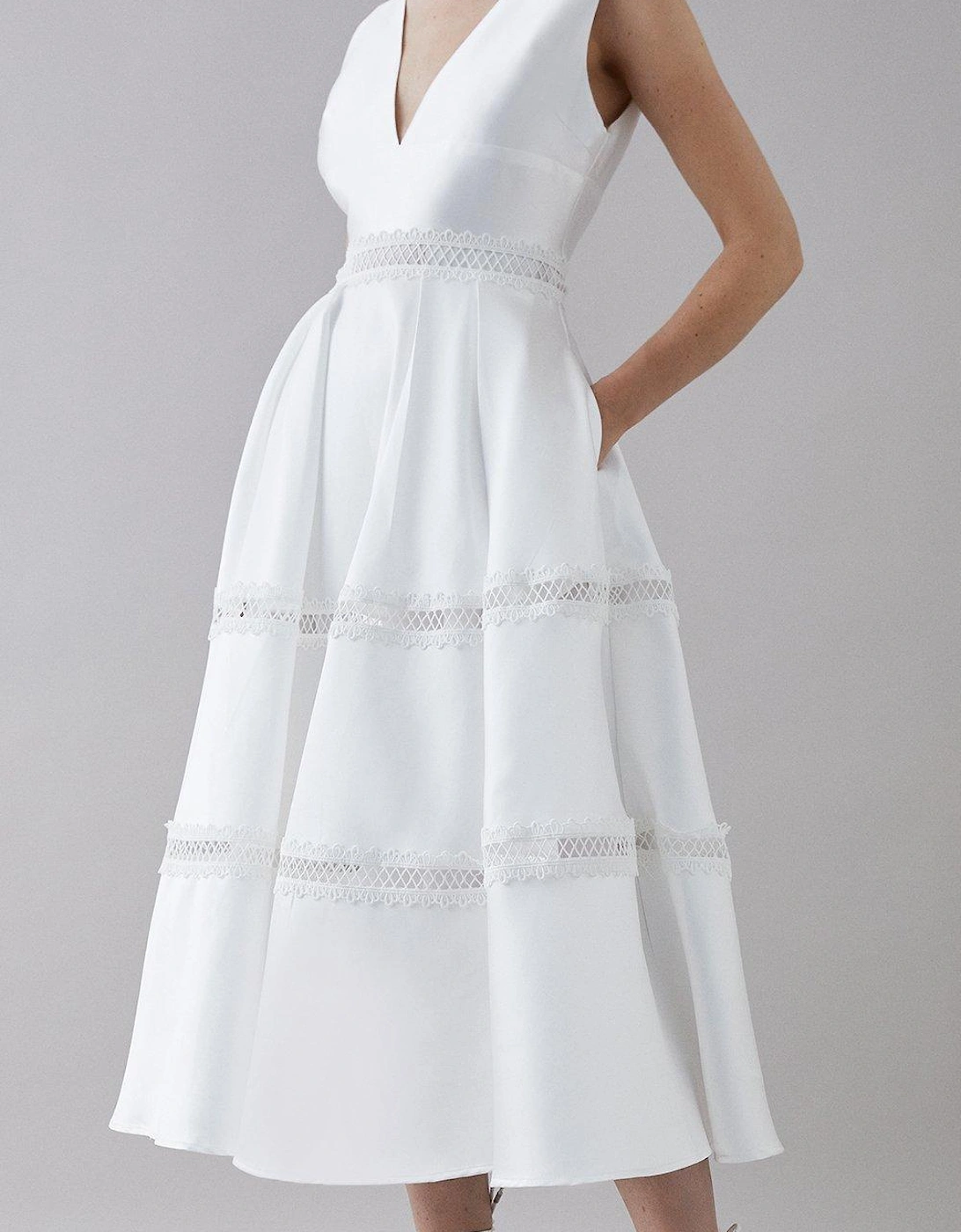 Plunge Neck Twill Midi Dress With Lace Trims