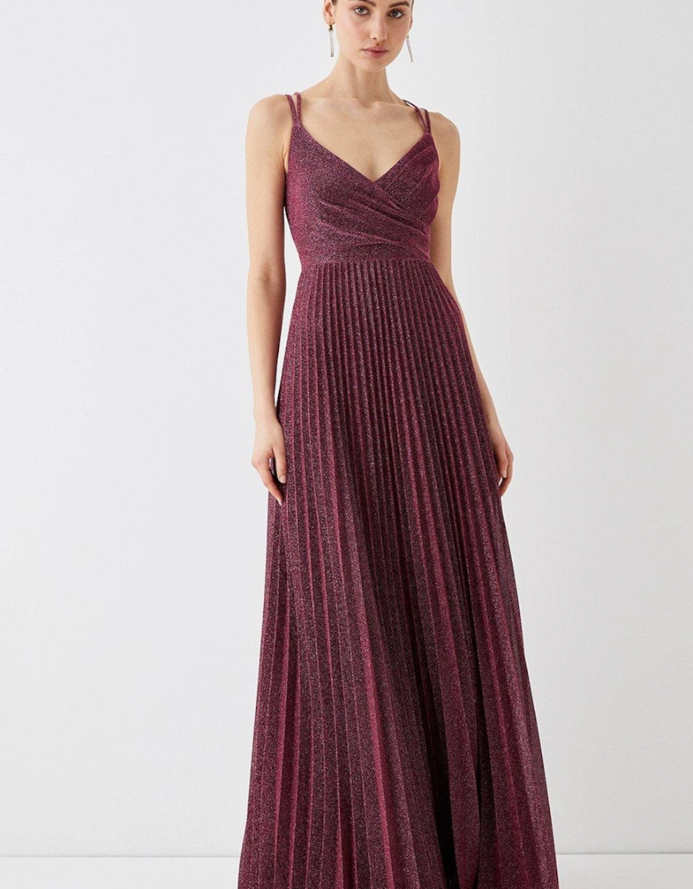 Shimmer Fabric Pleat Skirt Strappy Back Maxi
