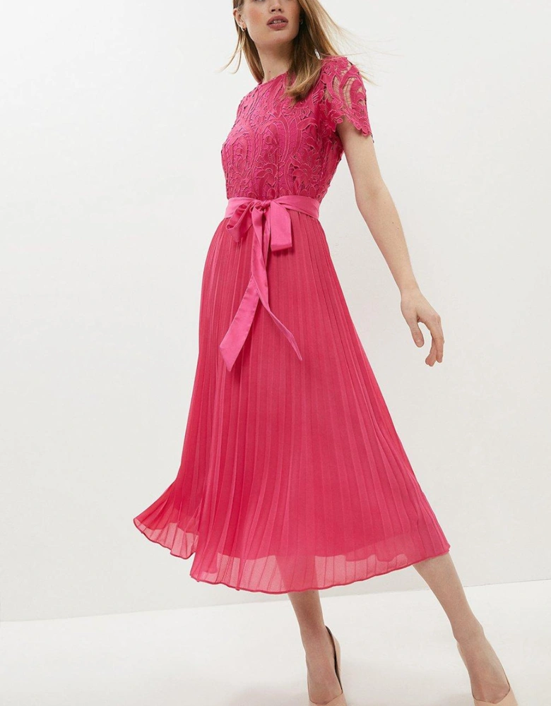 Belted Lace Bodice Pleat Skirt Midi Dress