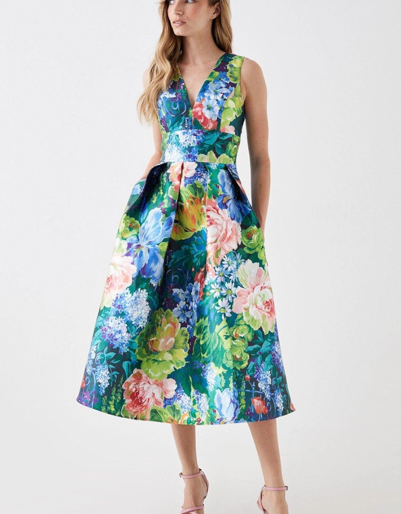 Plunge Neck Midi Dress In Printed Twill