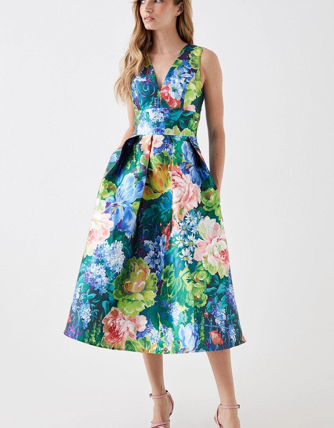 Plunge Neck Midi Dress In Printed Twill, 5 of 4