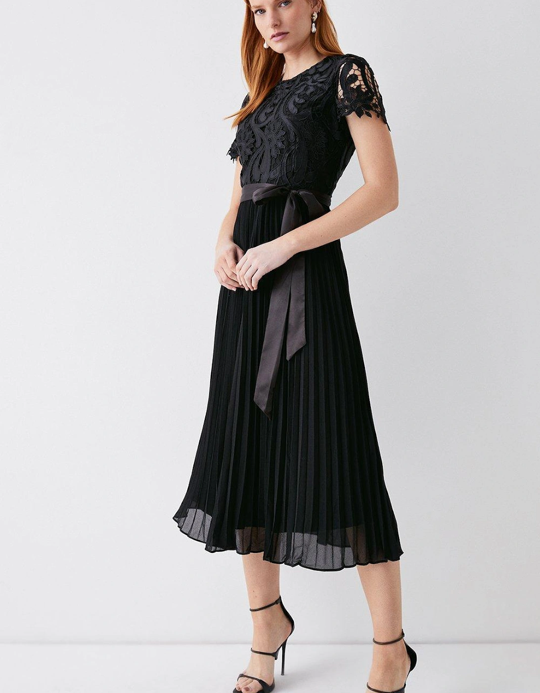 Belted Lace Bodice Pleat Skirt Midi Dress, 5 of 4