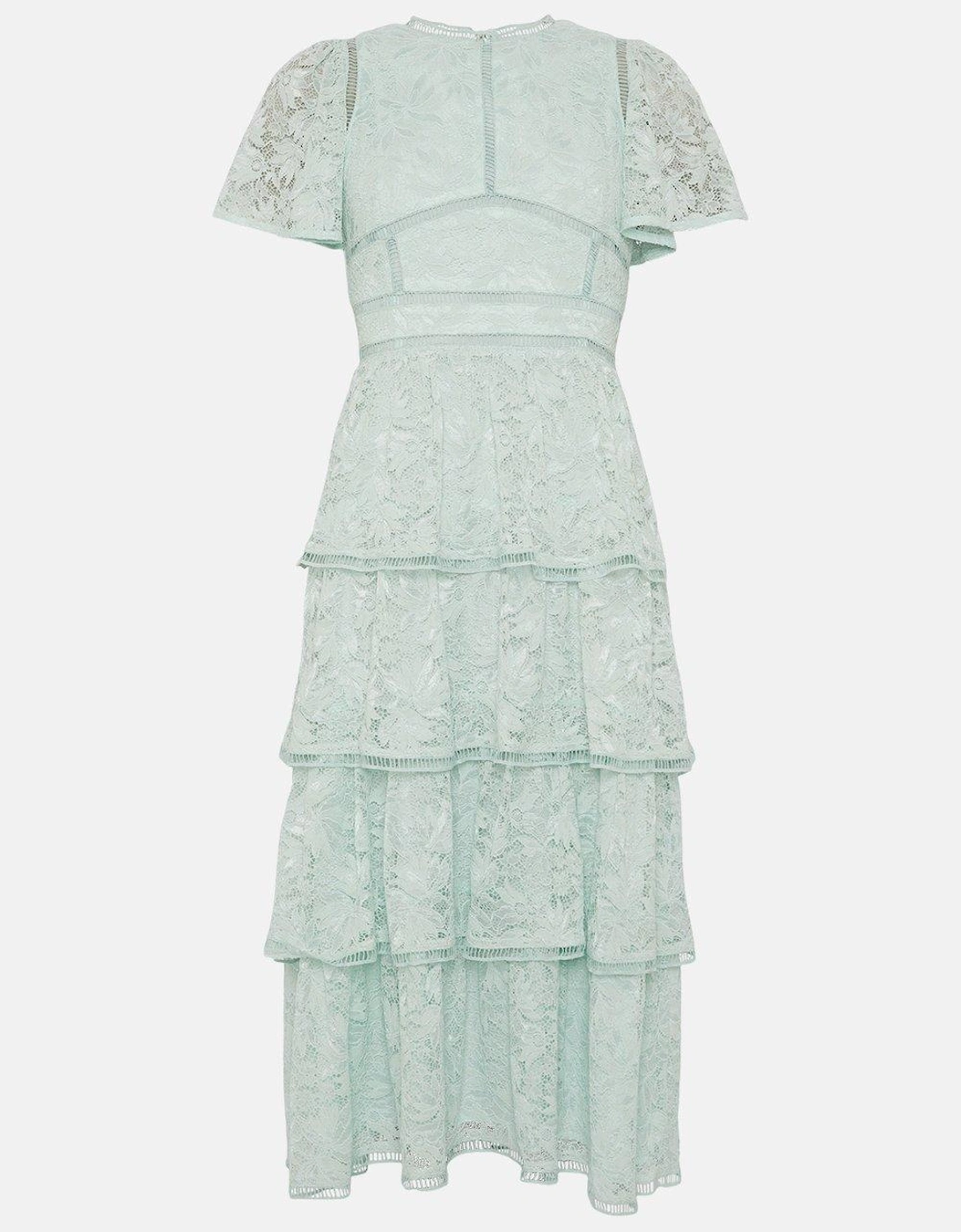 Tiered Lace Dress With Flutter Sleeve & Trims