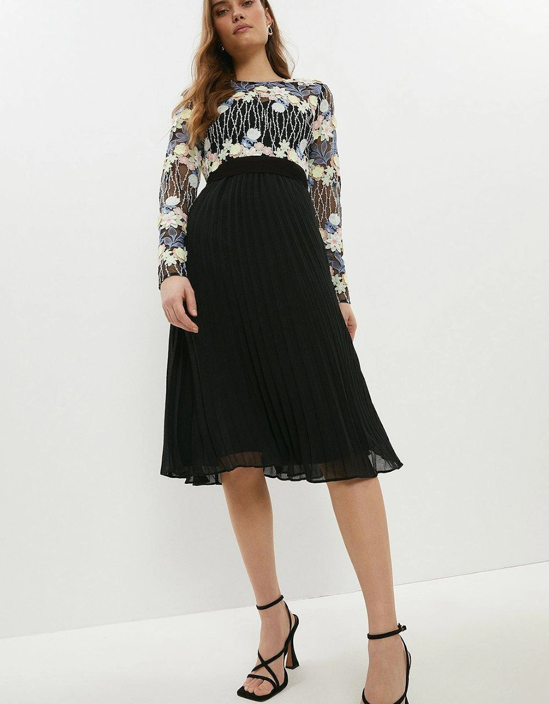 Petite Embroidered Pleated Skirt Midi Dress, 5 of 4
