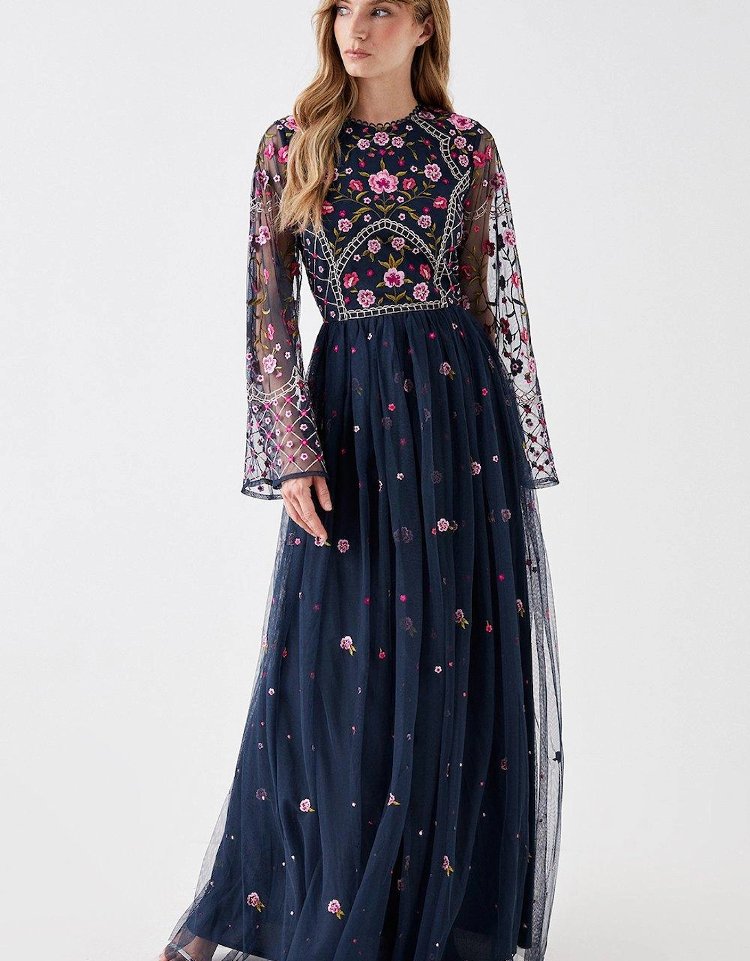 Flare Sleeve Floral Embroidered Midi Dress, 5 of 4