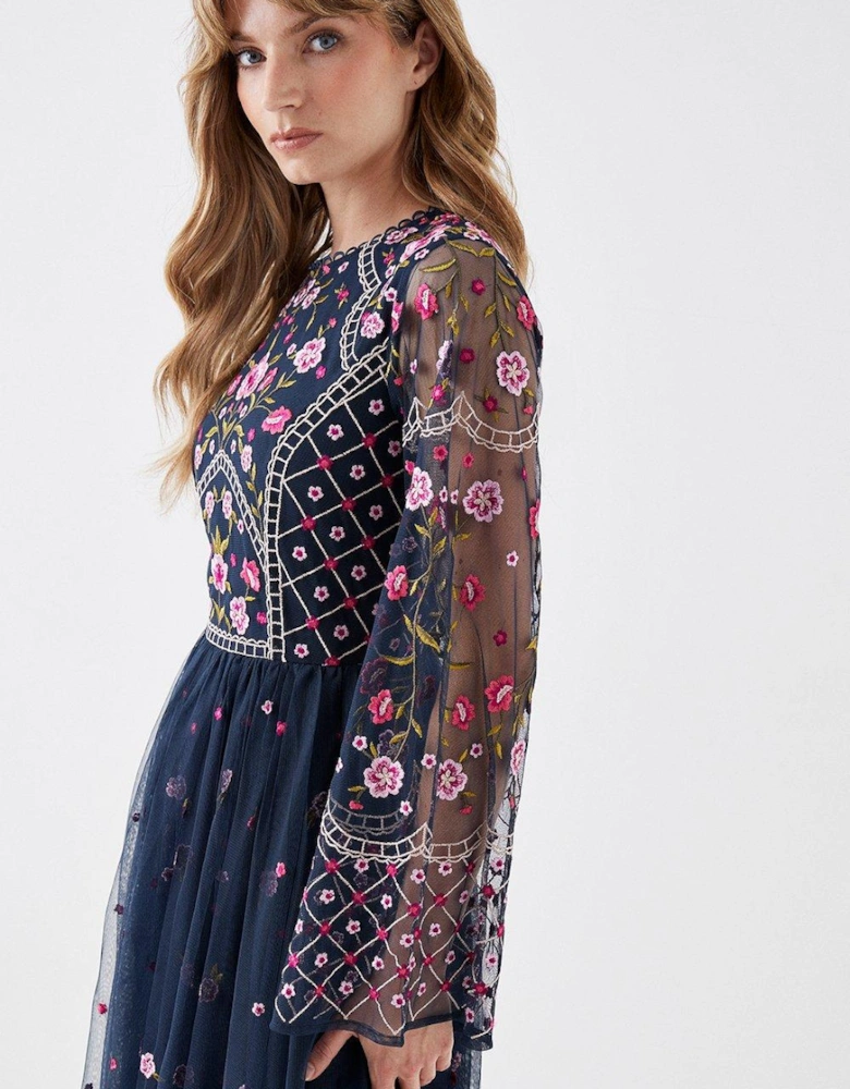 Flare Sleeve Floral Embroidered Midi Dress