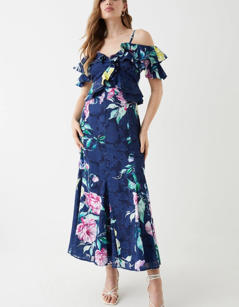 Georgette Jacquard Frill Midi Dress