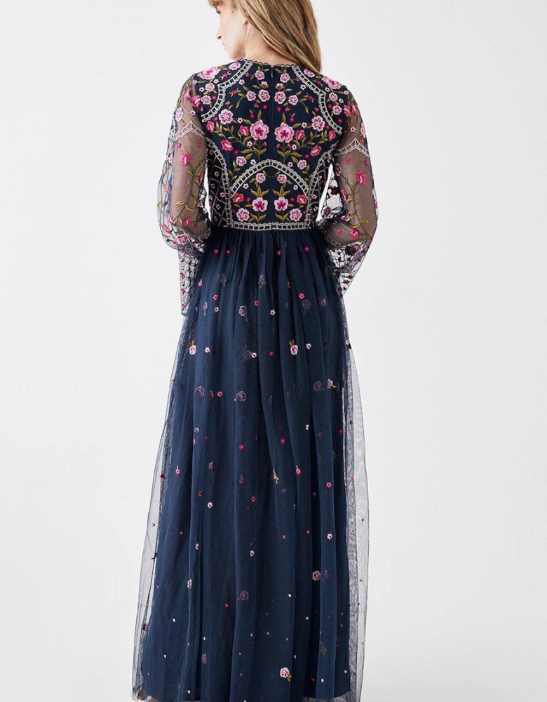 Flare Sleeve Floral Embroidered Midi Dress